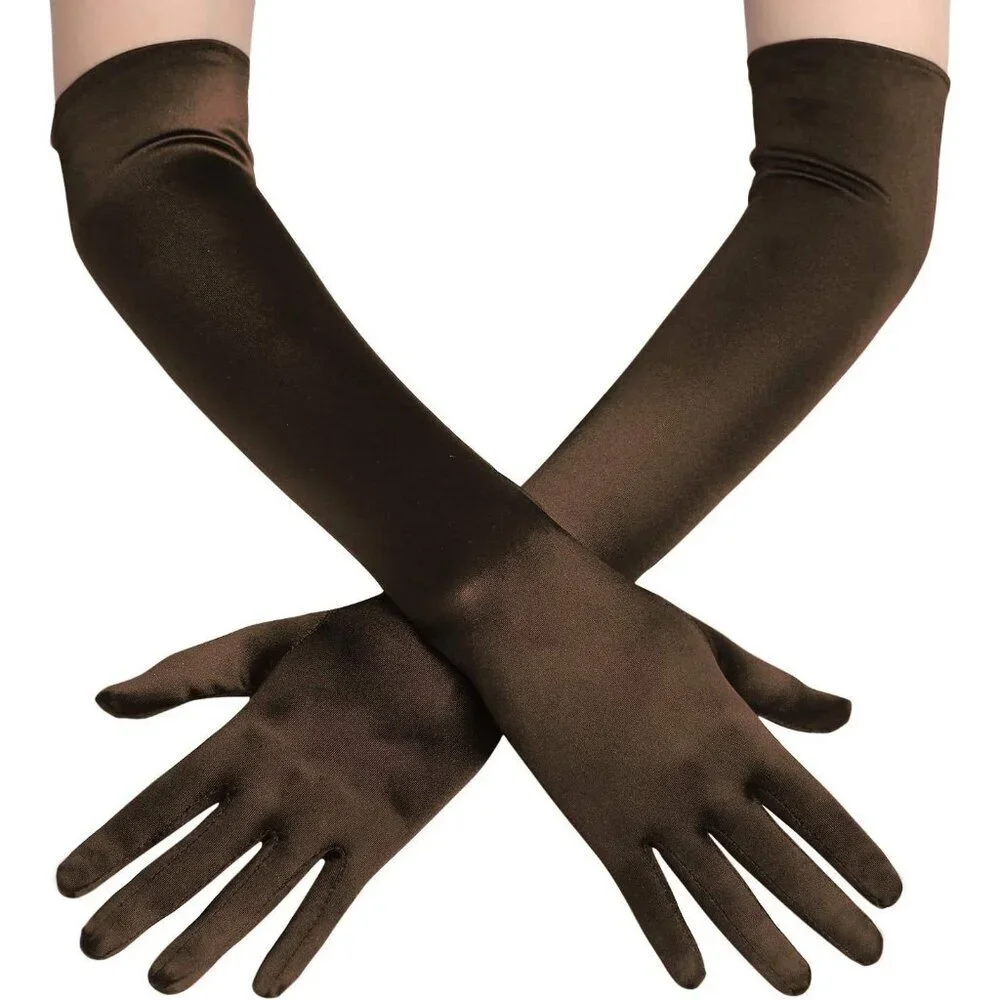 Women's Brown Vintage Satin Long Gloves Party Tea Costume Stretchy Elbow Length